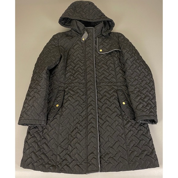 Cole Haan Quilted Puffer Coat Women's XL Black Gold Button Trim Hooded Jacket - Picture 1 of 16